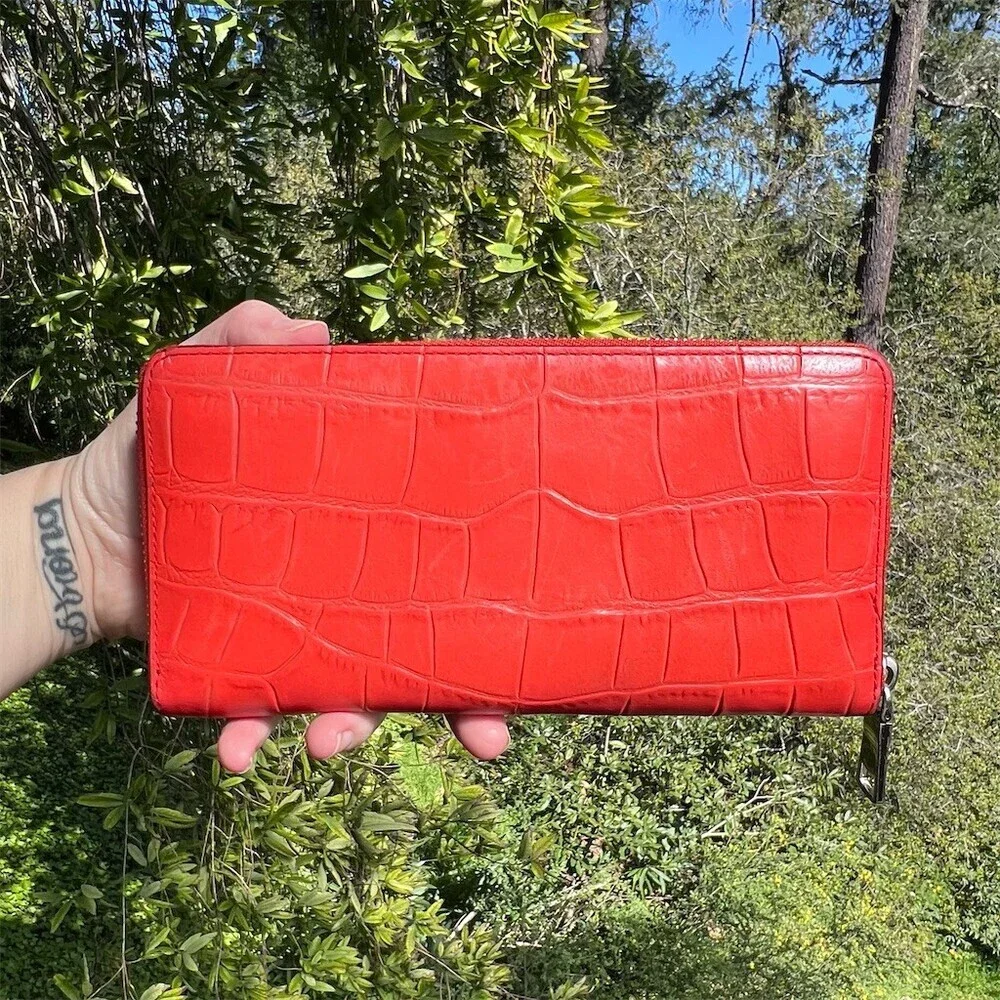 COACH Red Croc Embossed Womens Zip-Around Accordion Wallet *READ DESCRIPTION*